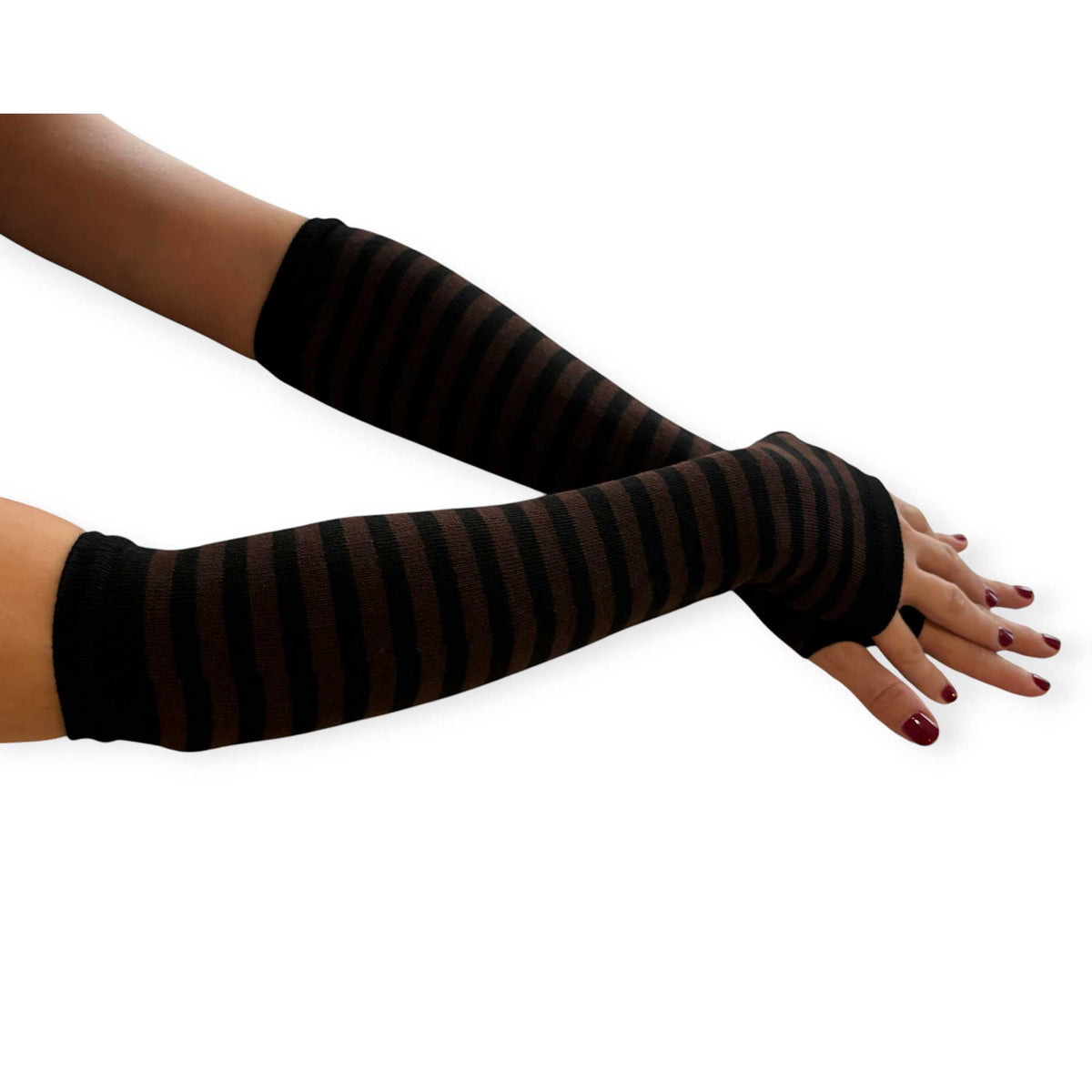 Brown and black striped fingerless gloves for women by Malka Chic with long arm warmer styling.
