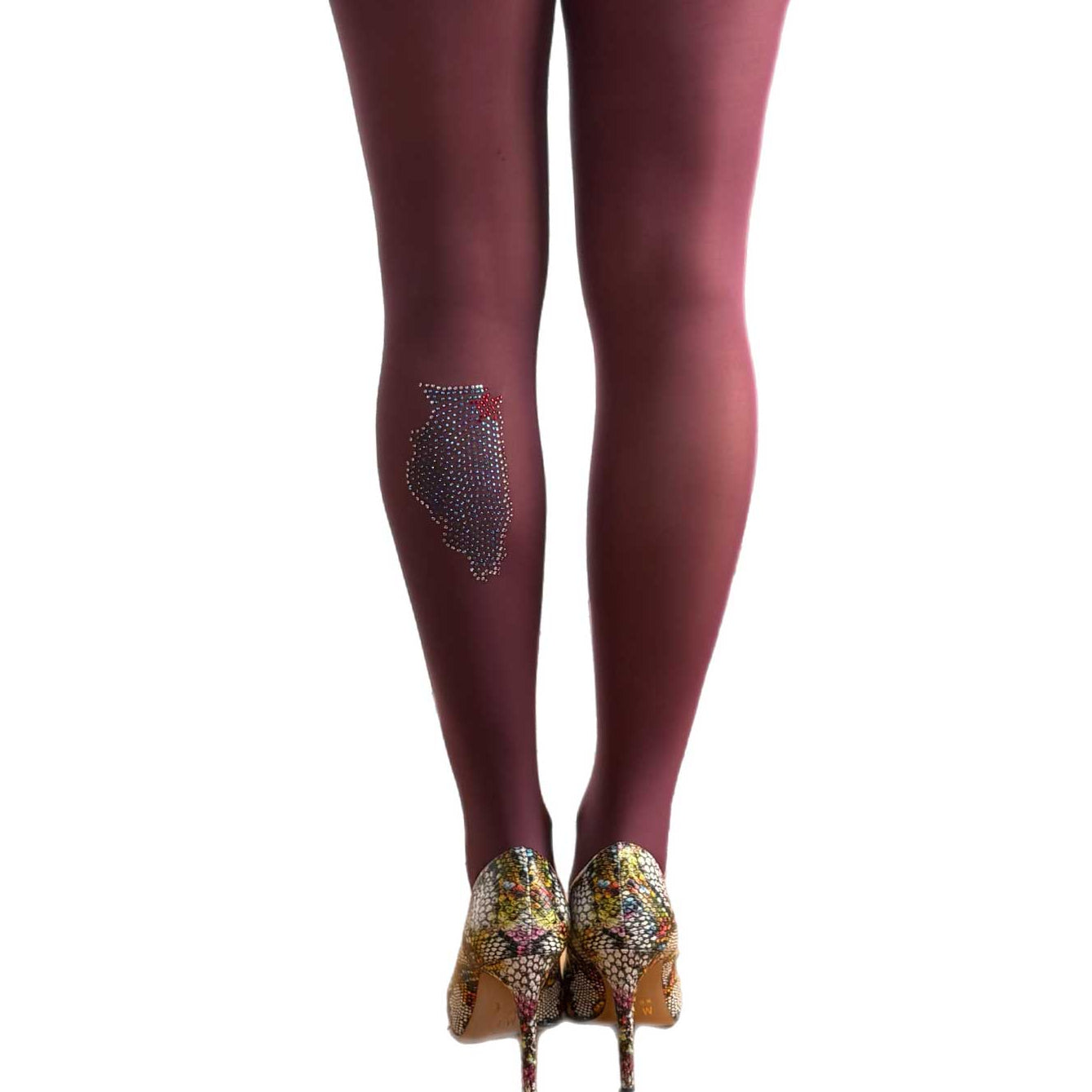 Burgundy opaque tights for women with rhinestone detail