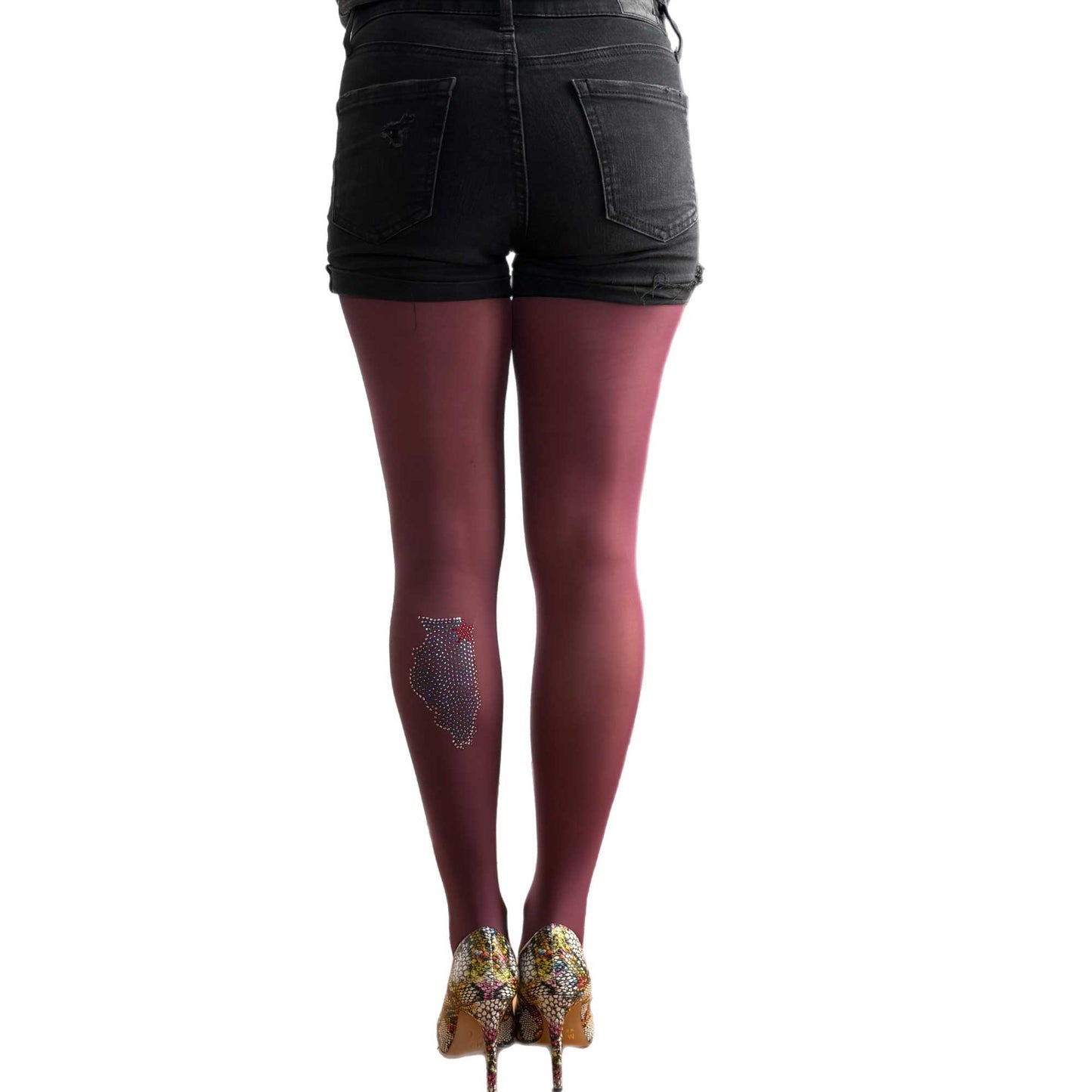 Women’s 90 denier burgundy tights with sparkling rhinestones
