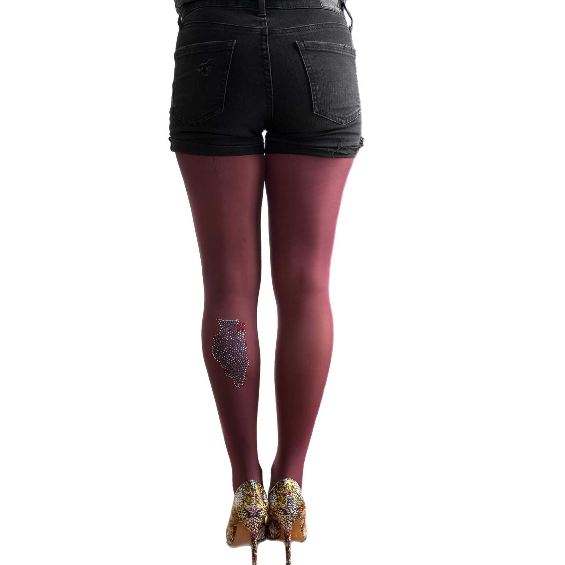 Women’s 90 denier burgundy tights with sparkling rhinestones