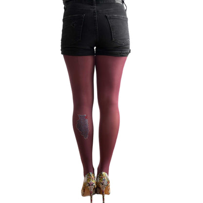 Women’s 90 denier burgundy tights with sparkling rhinestones