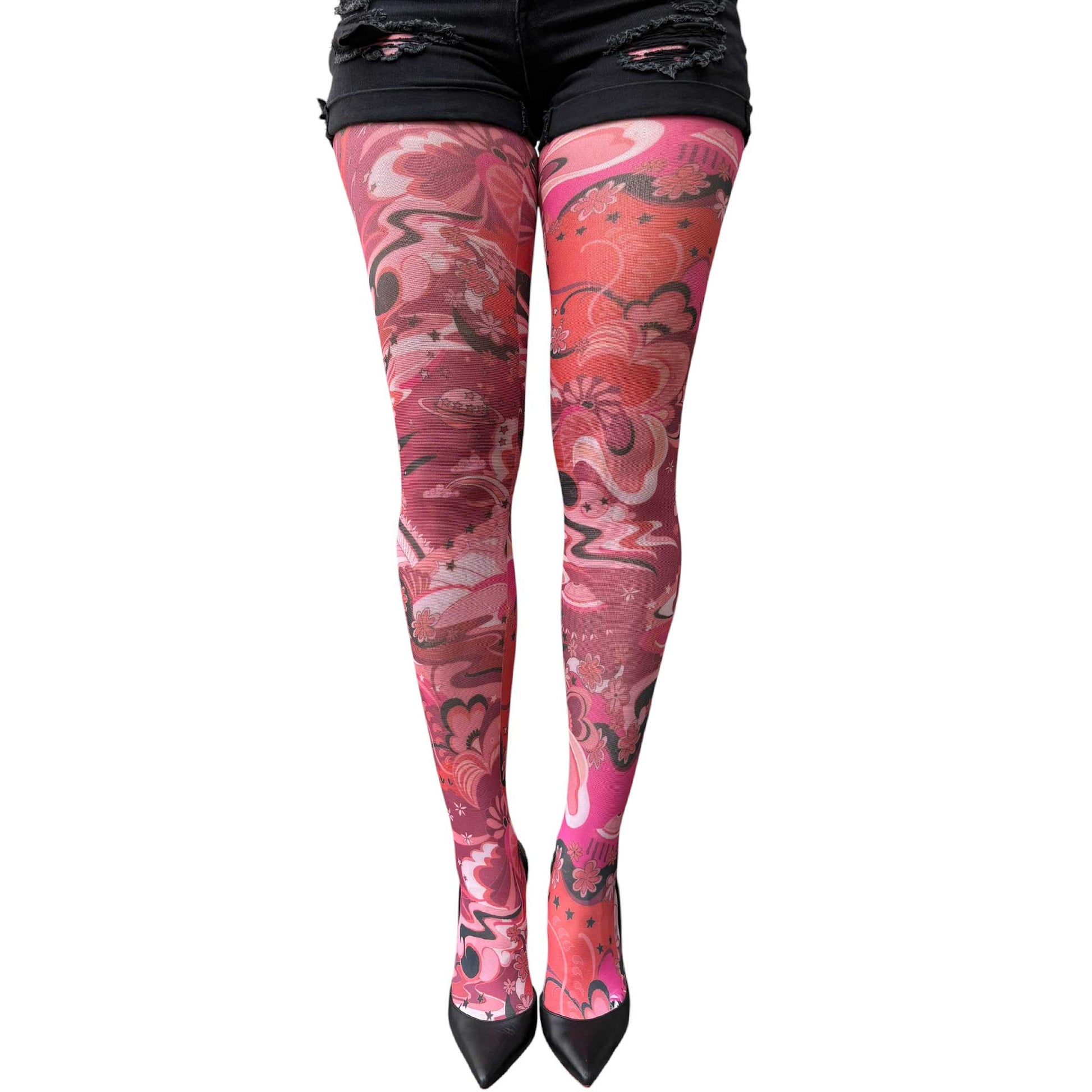 Women’s colorful patterned tights featuring pink floral graphics and abstract shapes