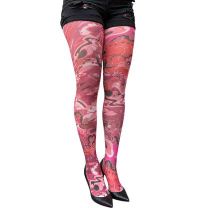 Artistic pink fashion tights with retro floral print and vibrant statement style