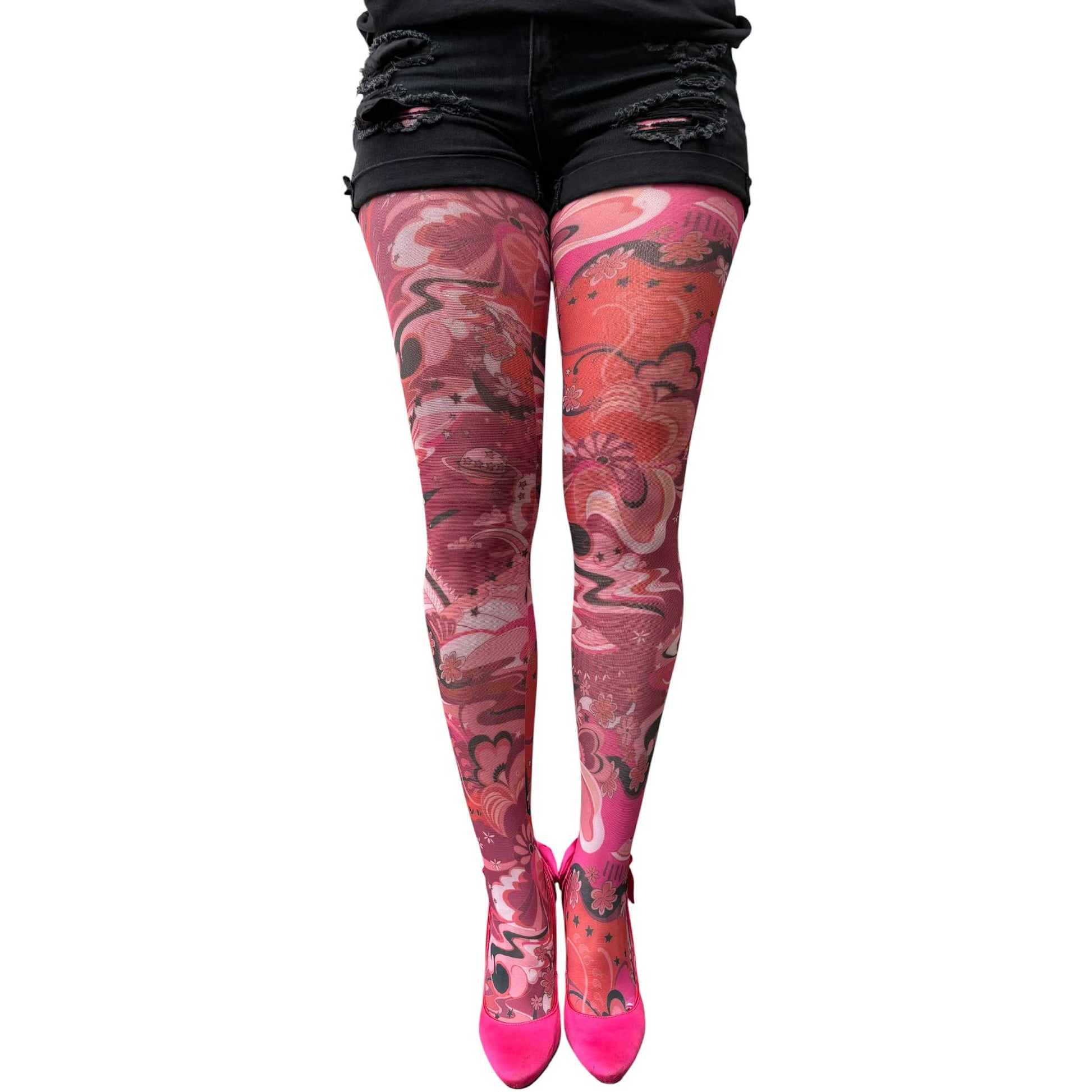 Pink abstract floral tights for women with dreamy swirls and star details