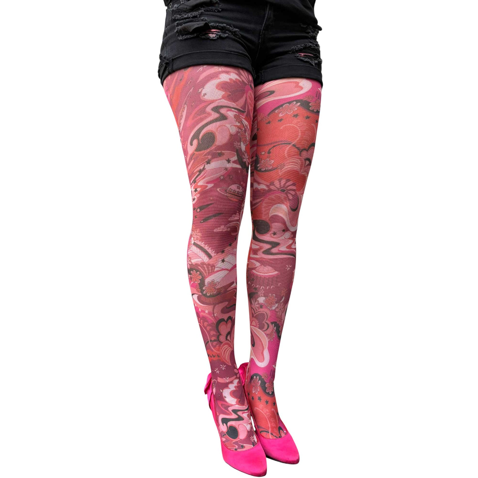 Colorful women’s pantyhose featuring retro inspired floral and artistic motifs