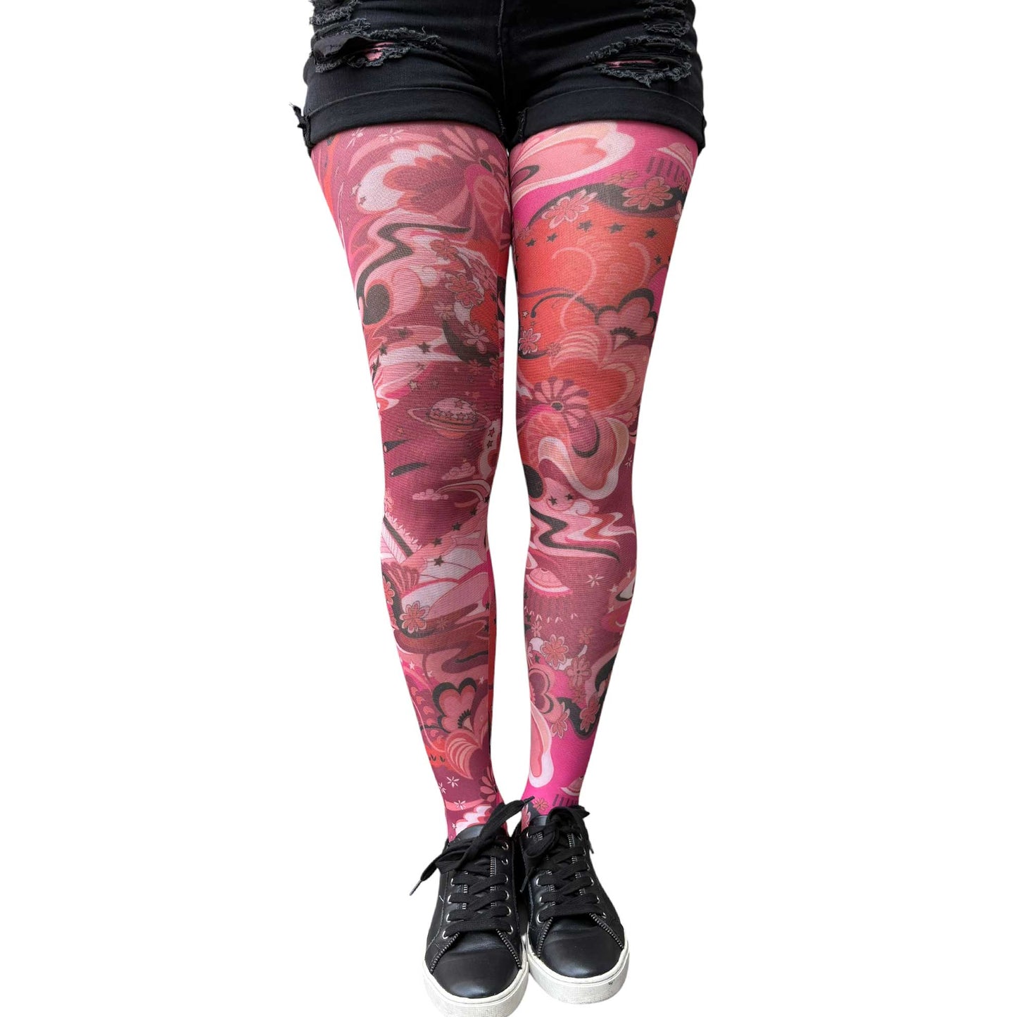 Fashion tights with pink floral patterns and bold abstract graphic design