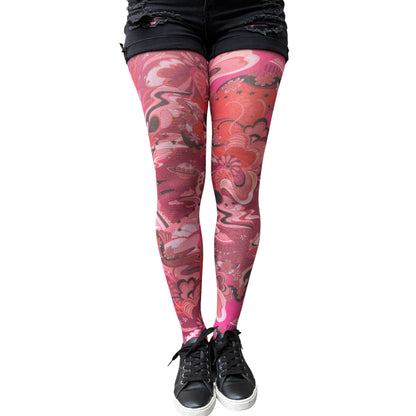 Fashion tights with pink floral patterns and bold abstract graphic design
