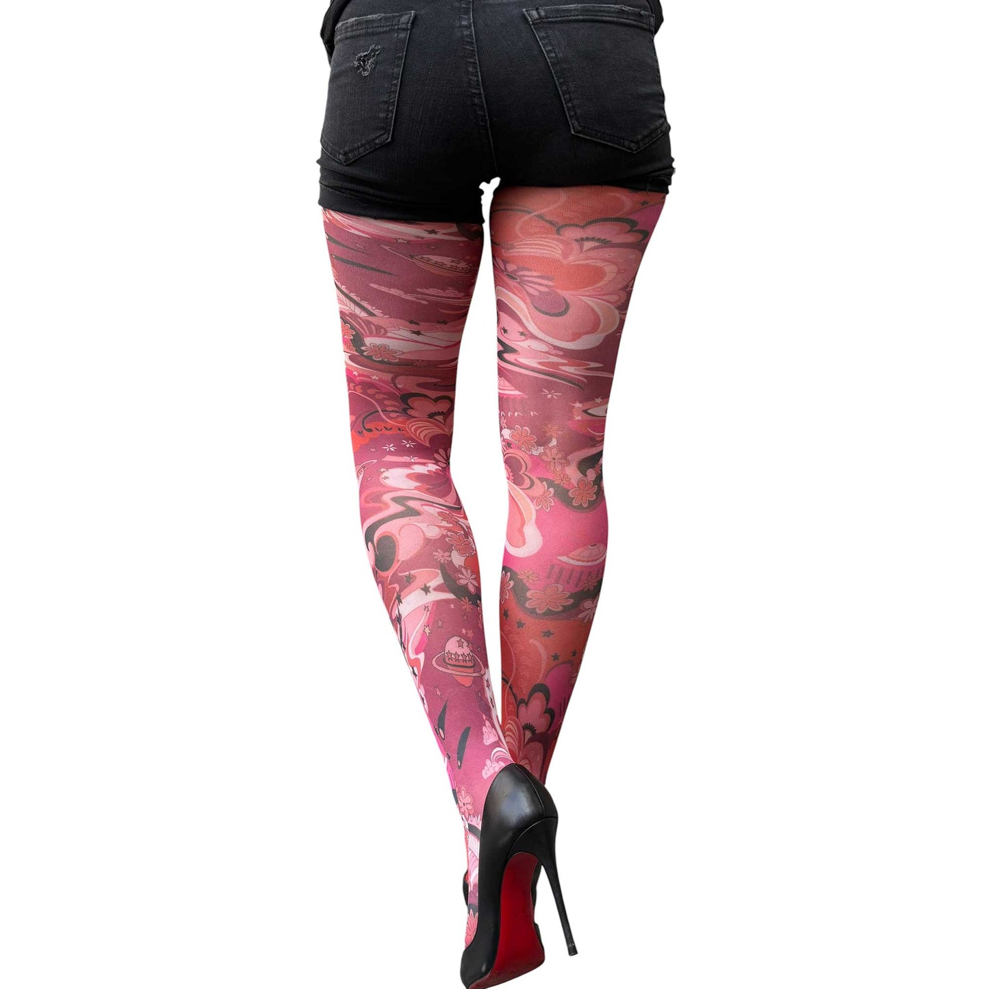 Pink retro floral patterned tights for women with artistic swirl and flower design