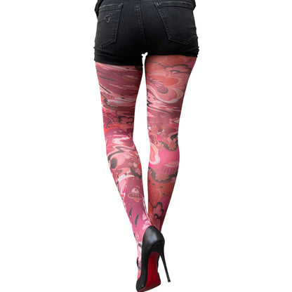 Pink retro floral patterned tights for women with artistic swirl and flower design