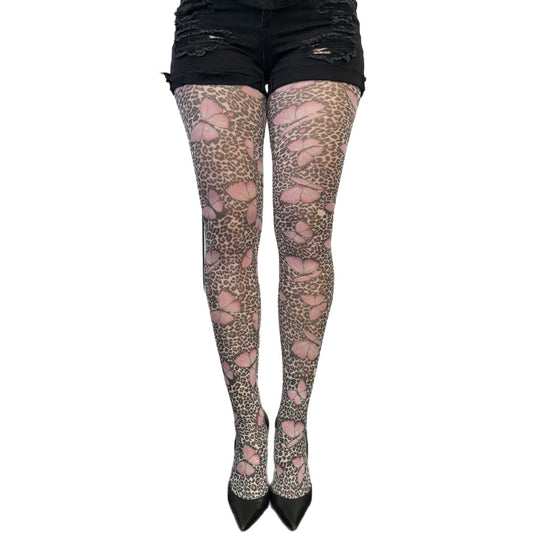 Butterfly and leopard print tights by Malka Chic in pink, white, and black, bold patterned 50 denier hosiery for women.
