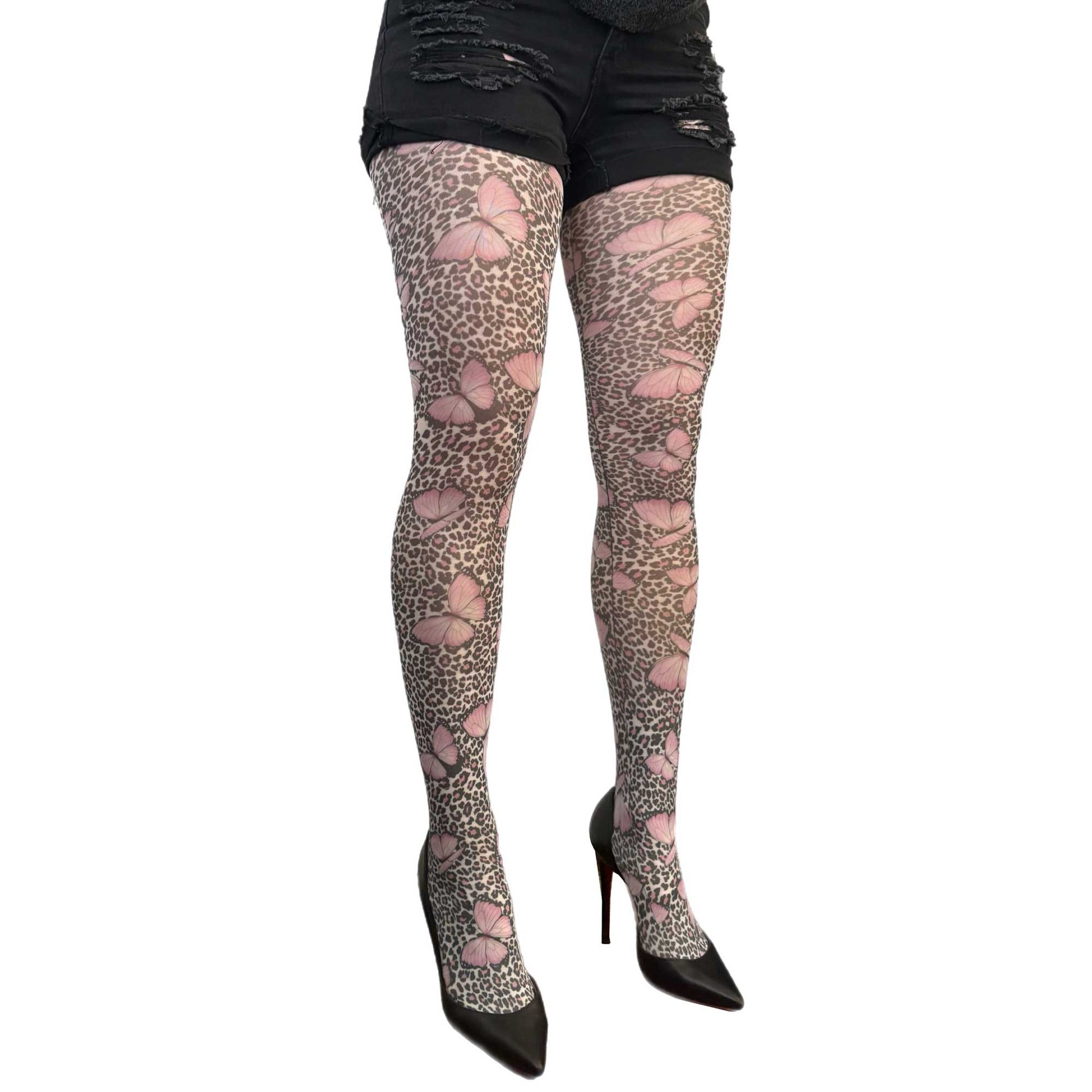 Butterfly and leopard print tights by Malka Chic in pink, white, and black, bold patterned 50 denier hosiery for women.