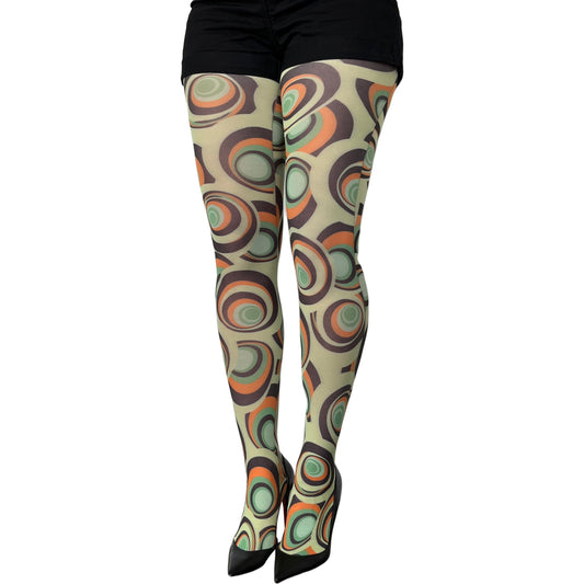 Green Carnaby tights for women by Malka Chic featuring bold retro geometric pattern hosiery.