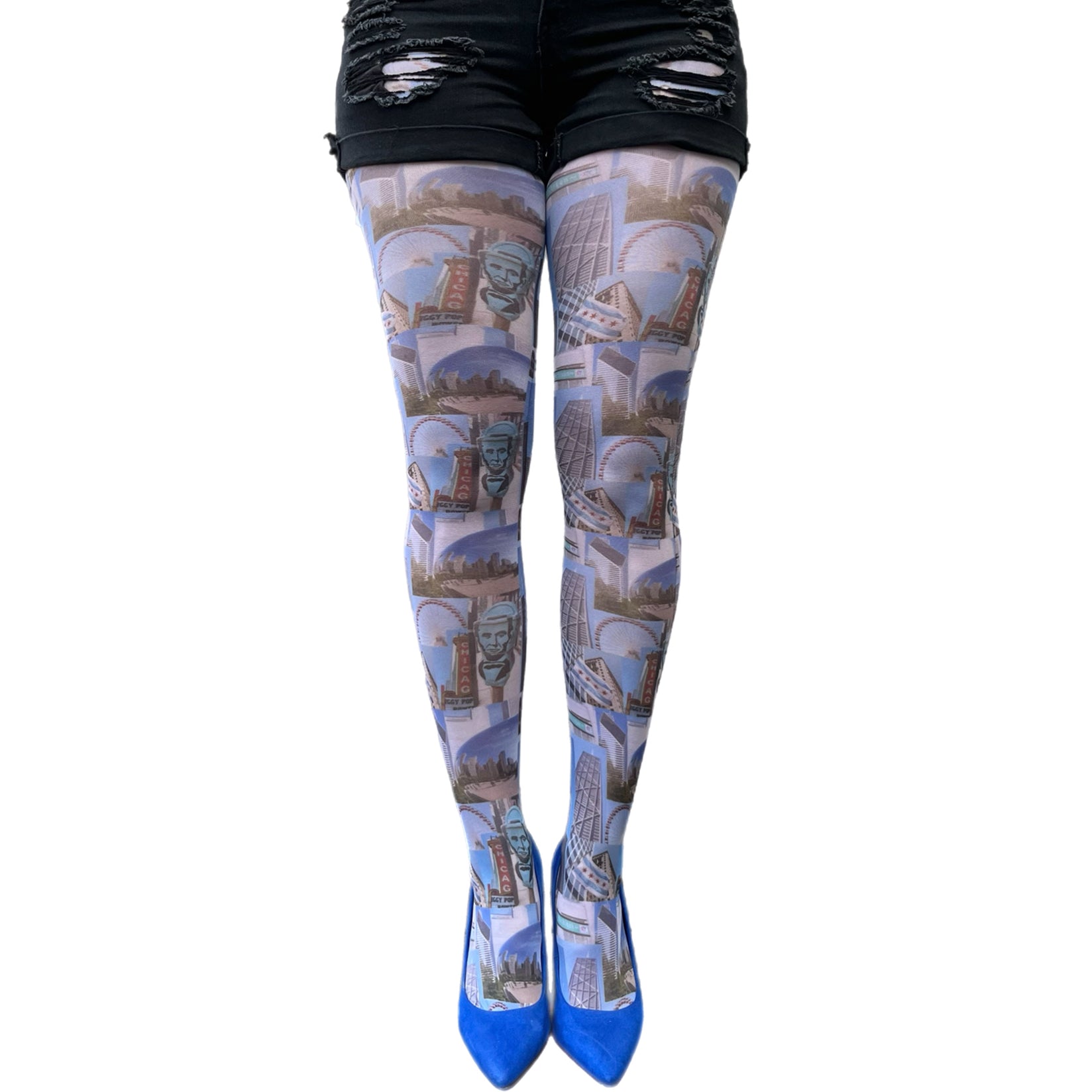 Malka Chic Chicago themed tights with city skyline and landmark design for stylish outfits.