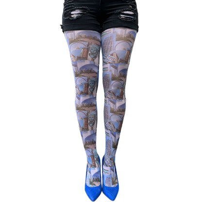 Malka Chic Chicago themed tights with city skyline and landmark design for stylish outfits.