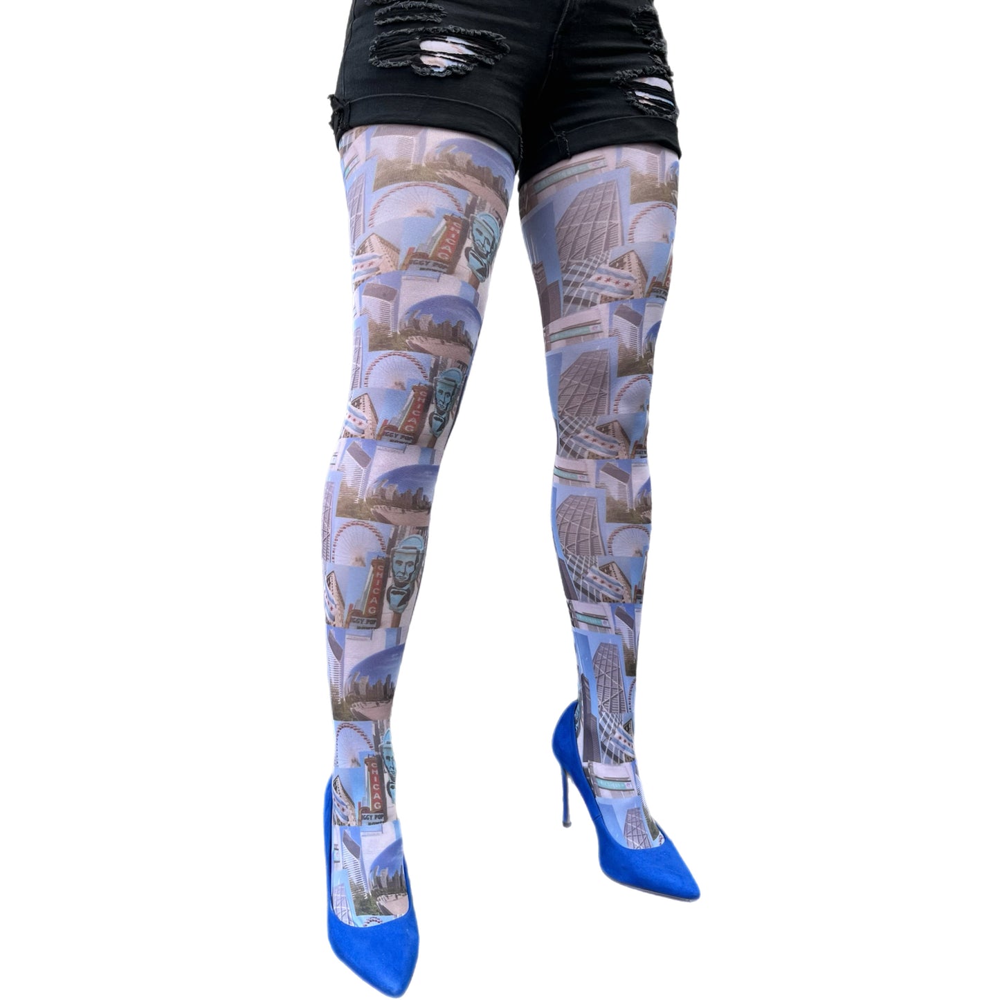 ChiTown tights for women by Malka Chic featuring Chicago landmarks print patterned hosiery.