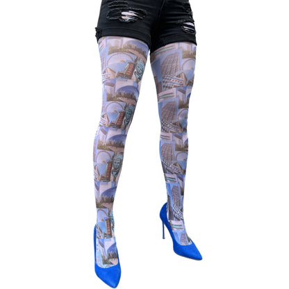 ChiTown tights for women by Malka Chic featuring Chicago landmarks print patterned hosiery.