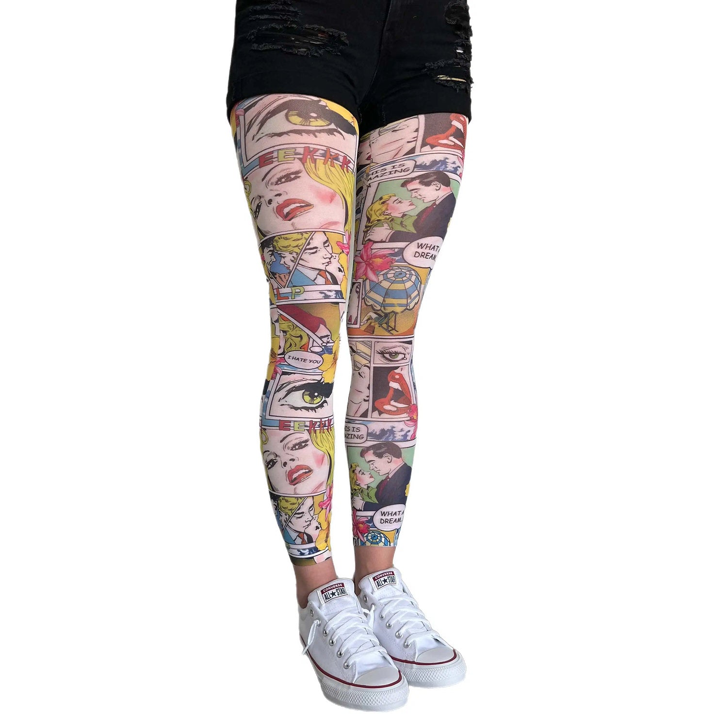 Graphic comics patterned footless tights by Malka Chic for fun and creative fashion looks