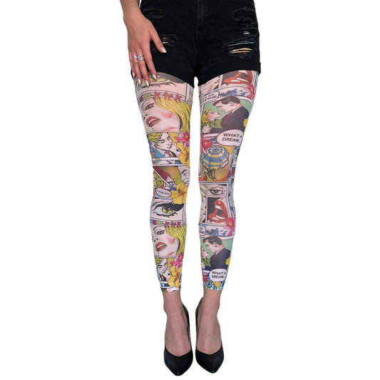 Multicolored comics footless tights by Malka Chic with playful graphic print design