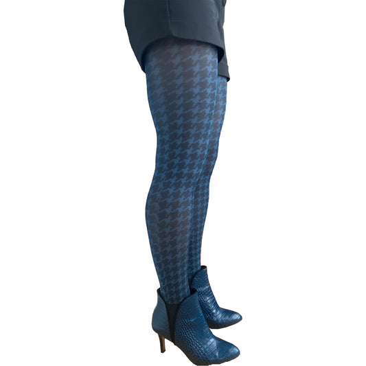Denim dogtooth tights for women by Malka Chic featuring classic houndstooth pattern in blue tones.