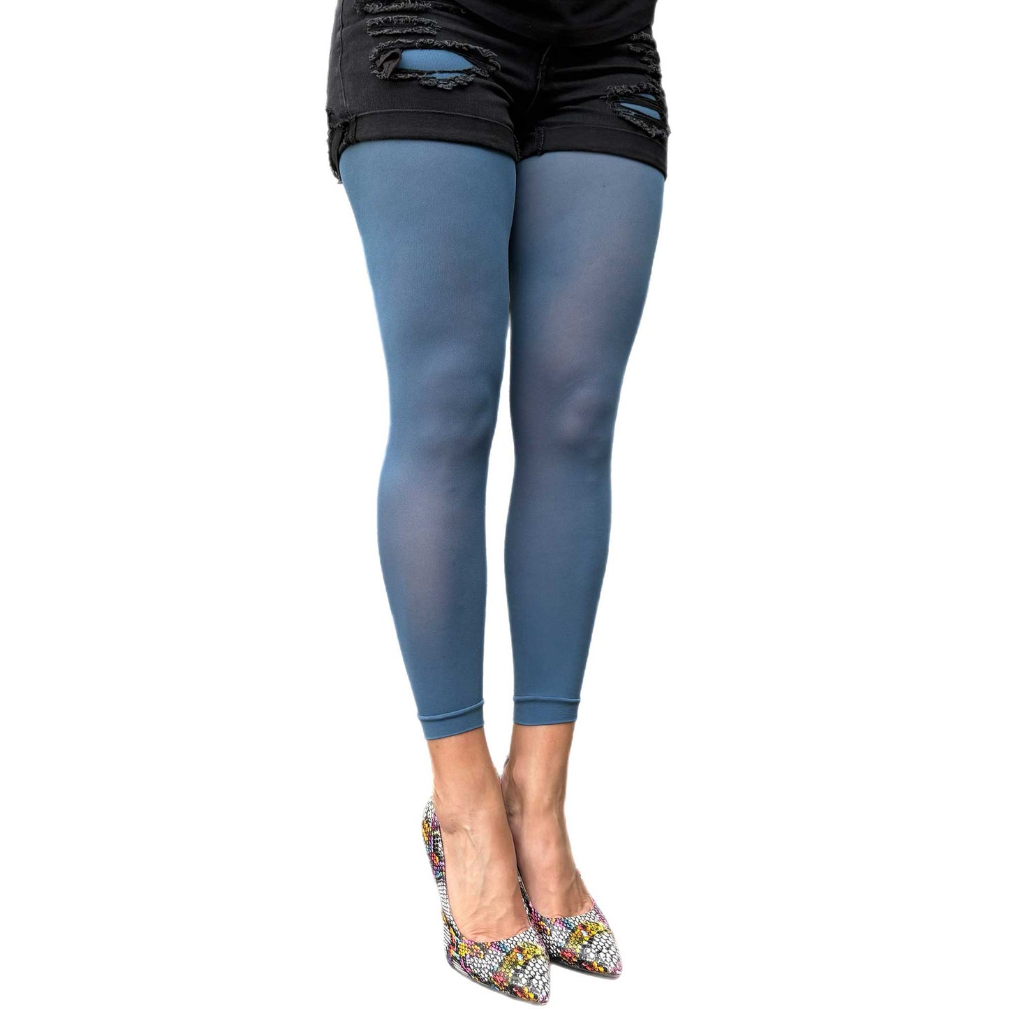 Opaque denim footless pantyhose for women styled for casual outfits