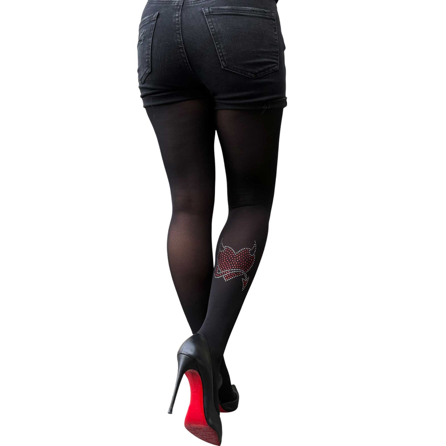 Women’s black fashion tights featuring sparkling red rhinestone devil heart detail