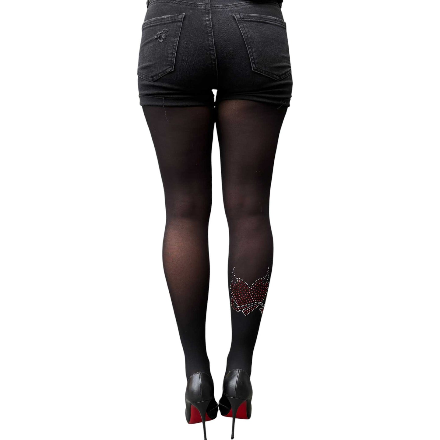 Opaque black tights with rhinestone heart motif and elegant high heel styling