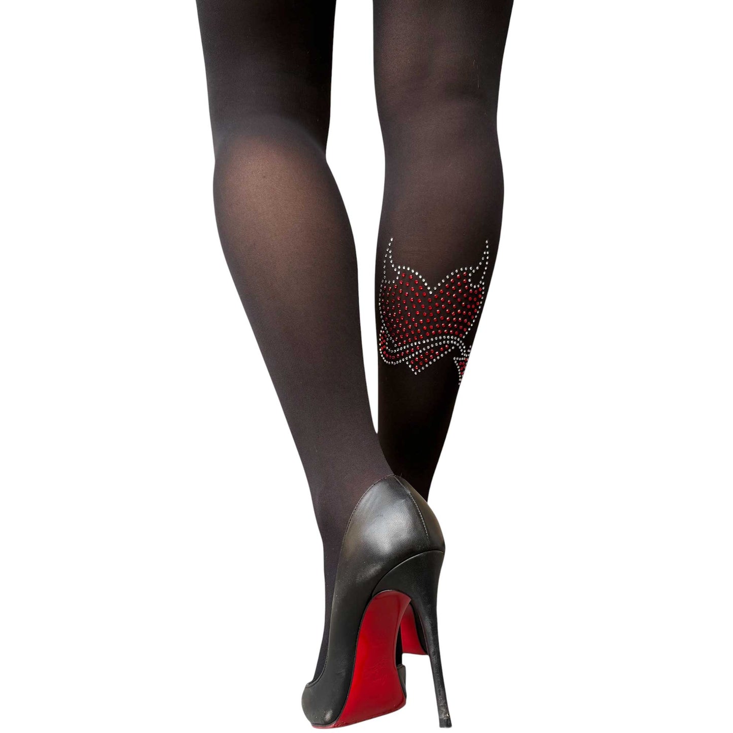 Black opaque 50 denier tights with red devil heart rhinestone design on back leg