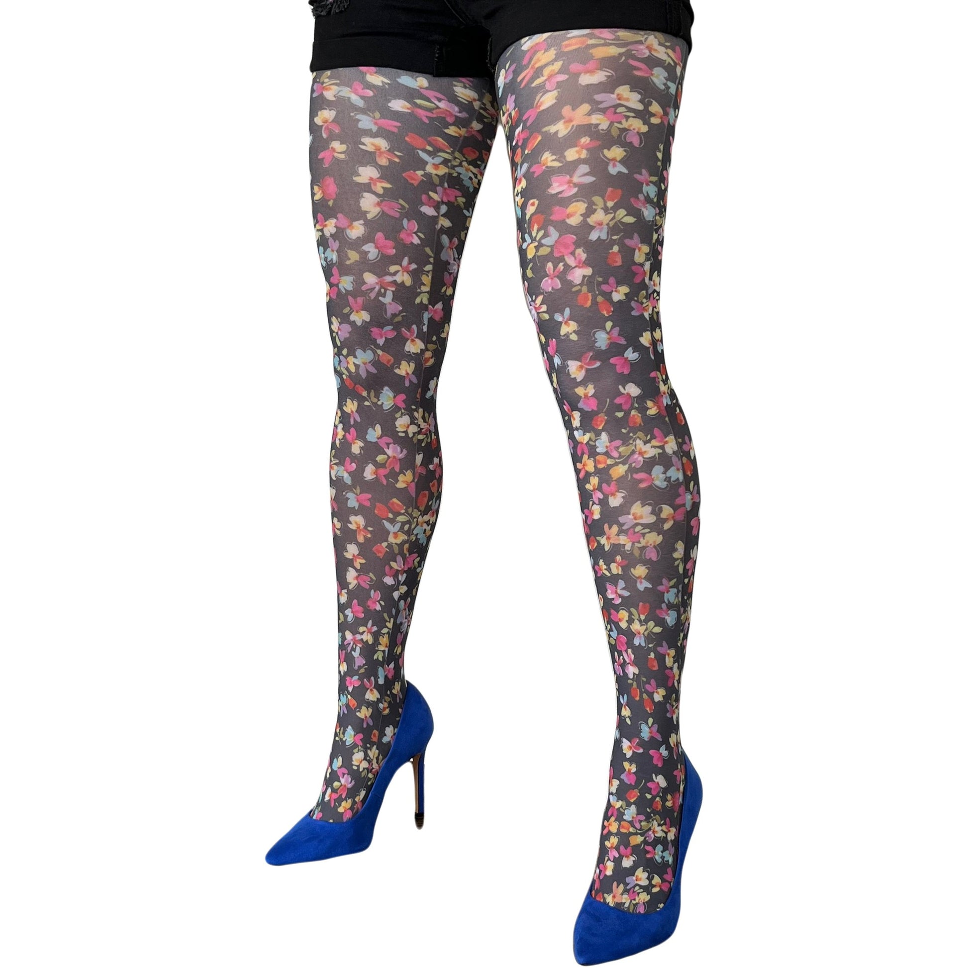 Malka Chic black floral tights with ditsy pattern designed for feminine and stylish everyday outfits.