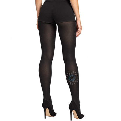 Black tights with rhinestone evil eye design on the back of one calf.