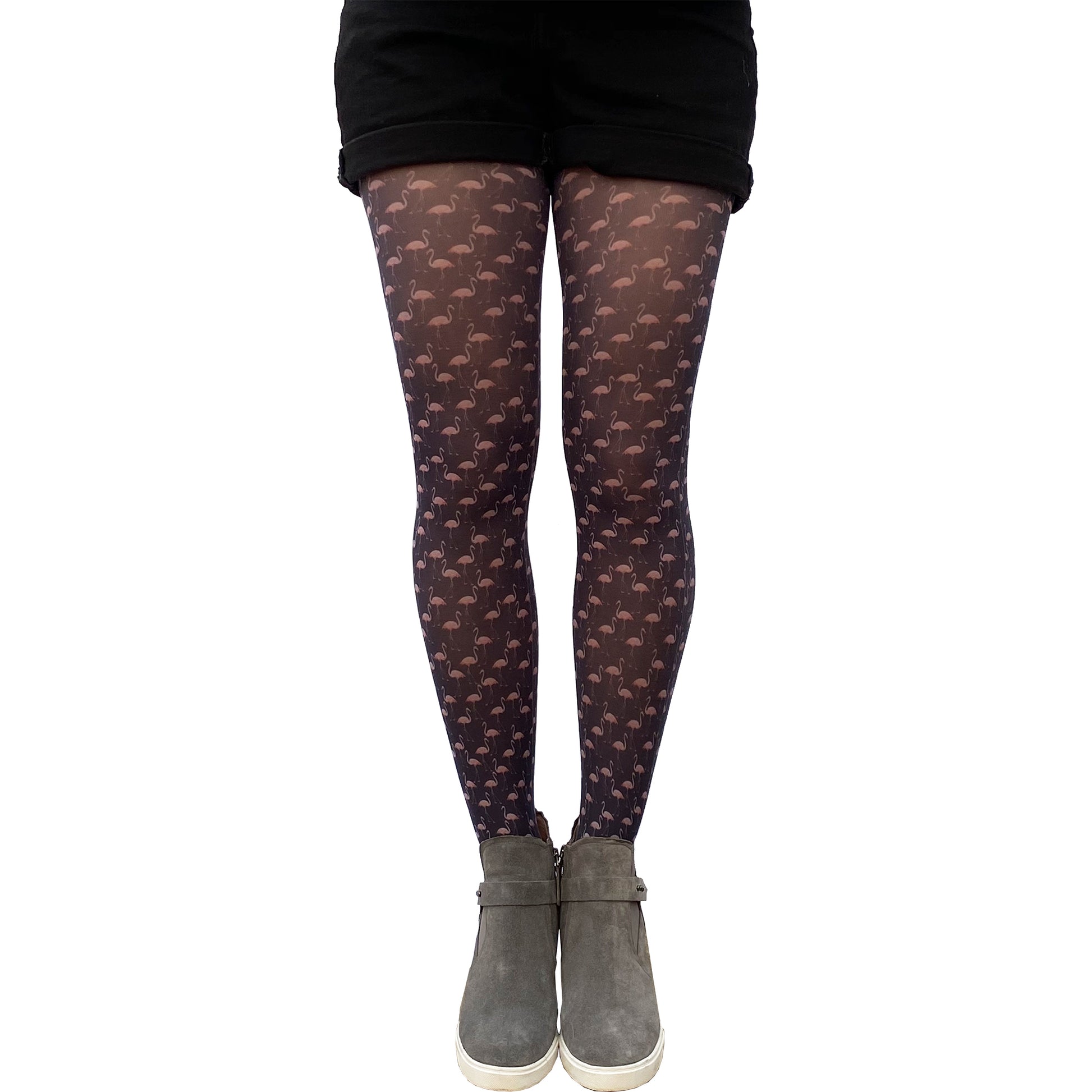 Flamingo pattern tights women black with pink flamingos for women Malka Chic 2
