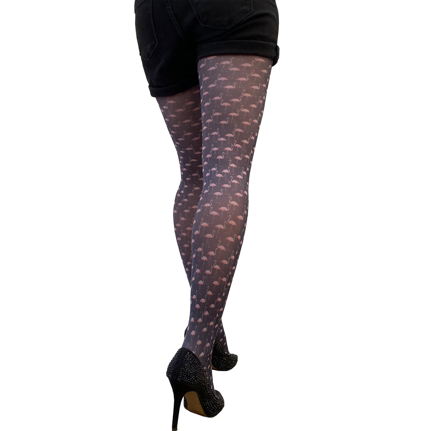 Flamingo pattern tights women black with pink flamingos for women Malka Chic