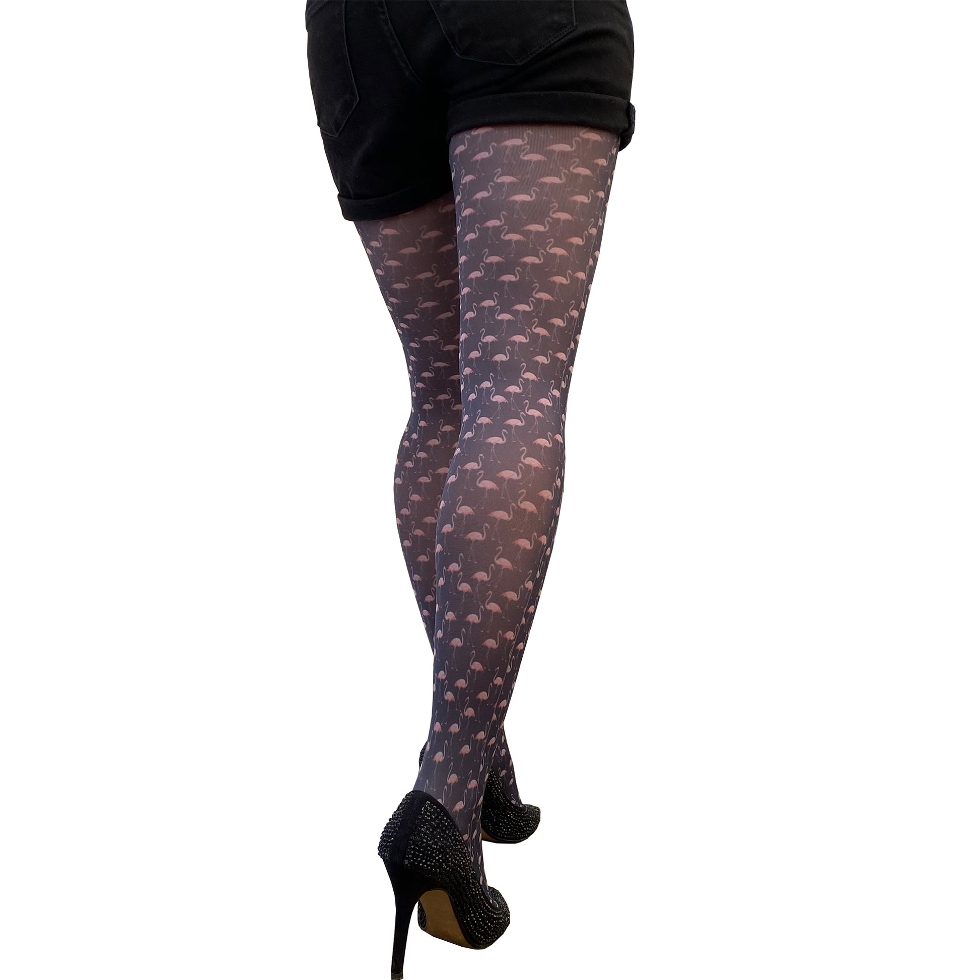 Flamingo pattern tights women black with pink flamingos for women Malka Chic