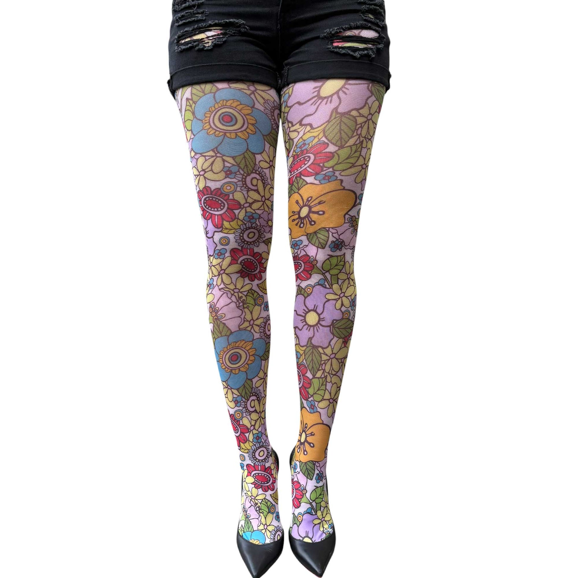 Women’s floral fashion tights featuring pastel flowers and artistic vintage design