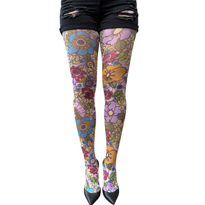 Women’s floral fashion tights featuring pastel flowers and artistic vintage design