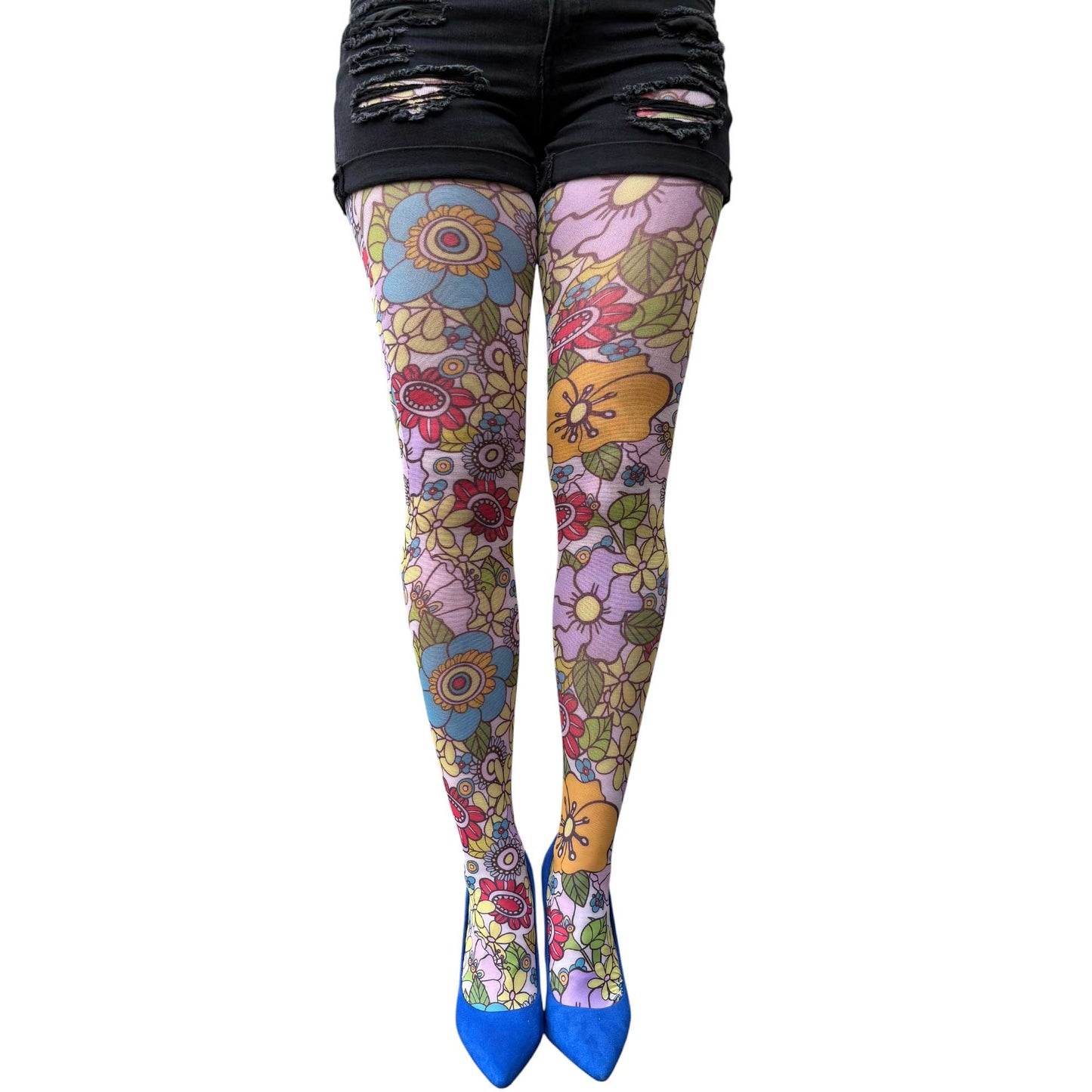 Retro flower patterned tights with lavender yellow blue and pink floral motifs