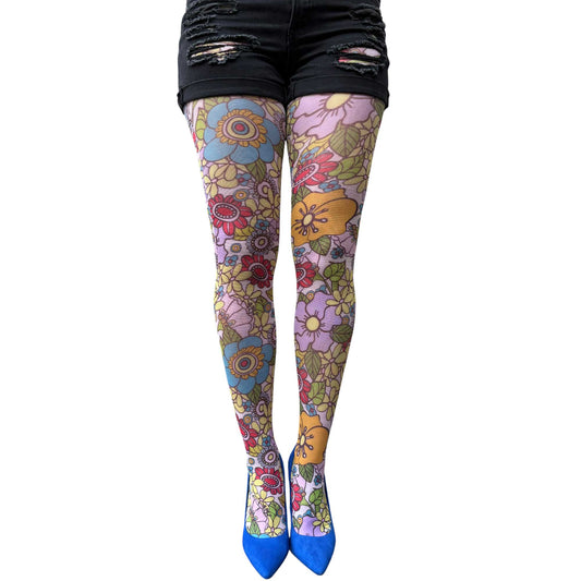 Retro flower patterned tights with lavender yellow blue and pink floral motifs