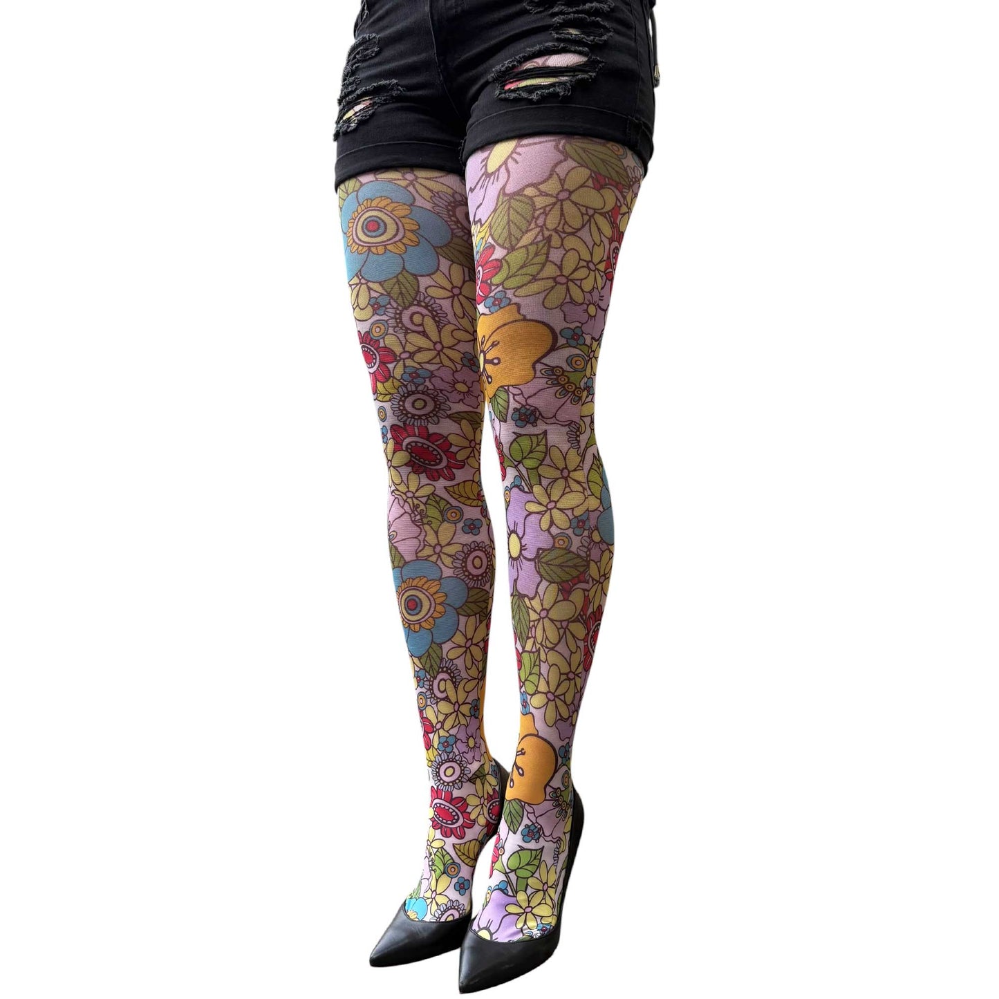 Colorful floral tights for women with playful vintage inspired flower pattern