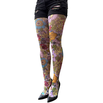 Colorful floral tights for women with playful vintage inspired flower pattern