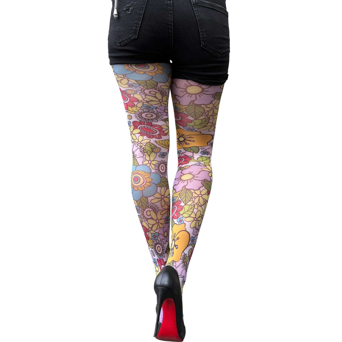 Pastel floral patterned tights for women with colorful retro flower print