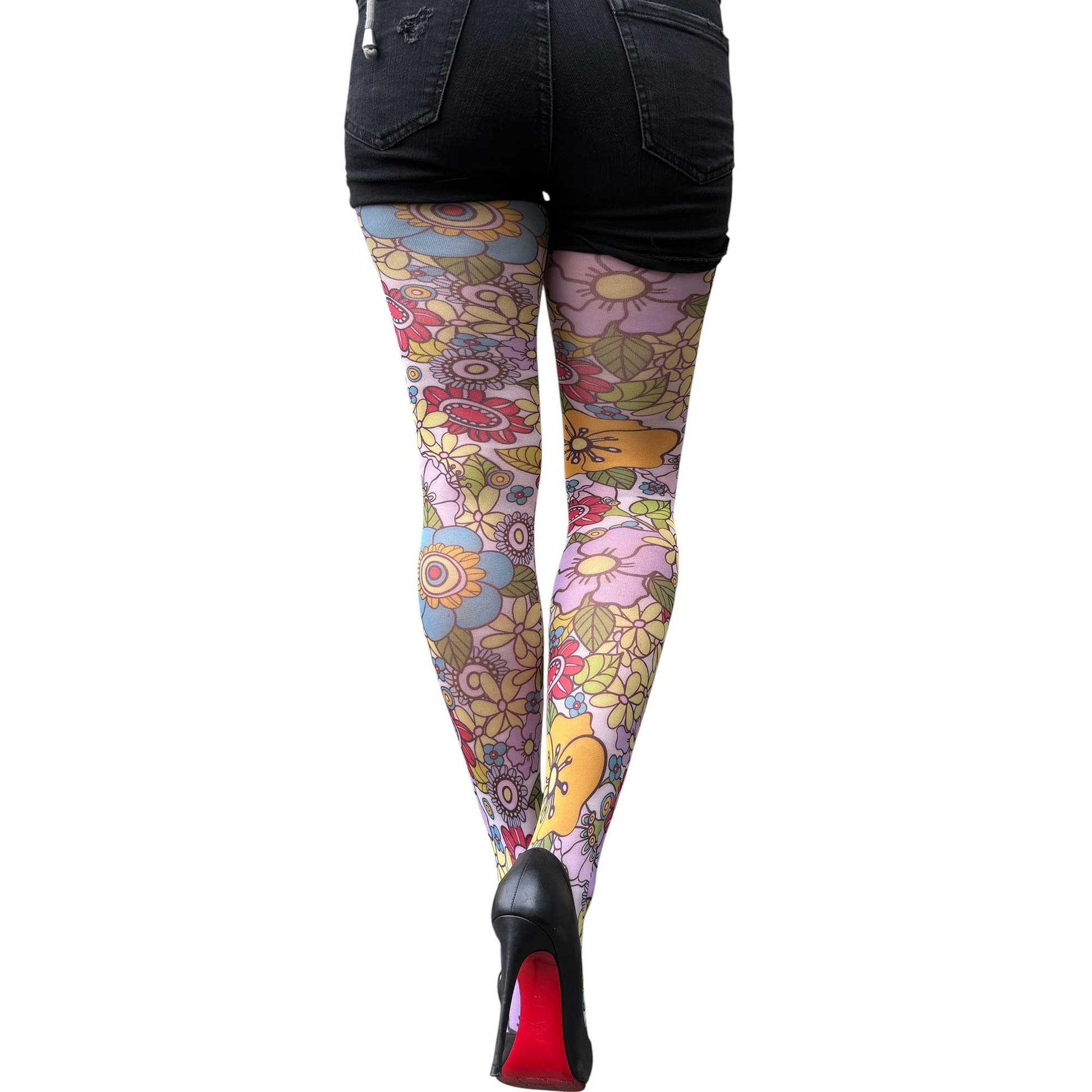 Pastel floral patterned tights for women with colorful retro flower print