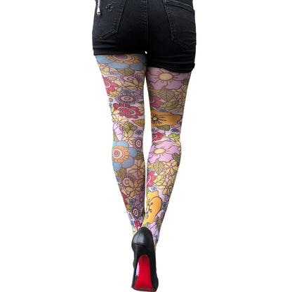 Pastel floral patterned tights for women with colorful retro flower print