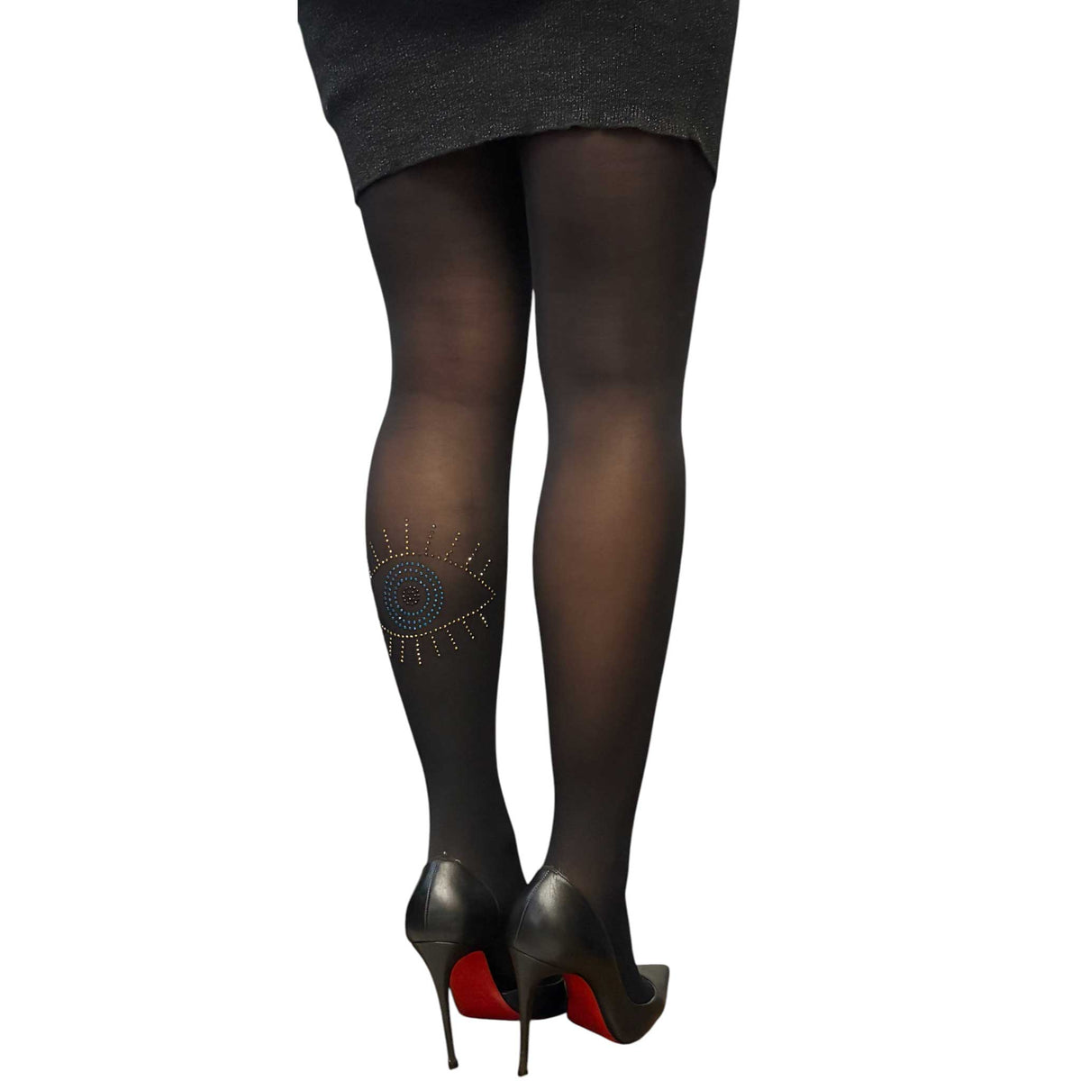 Sheer black tights for women with a sparkling gold and turquoise rhinestone evil eye detail.