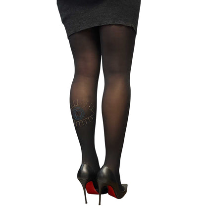 Sheer black tights for women with a sparkling gold and turquoise rhinestone evil eye detail.
