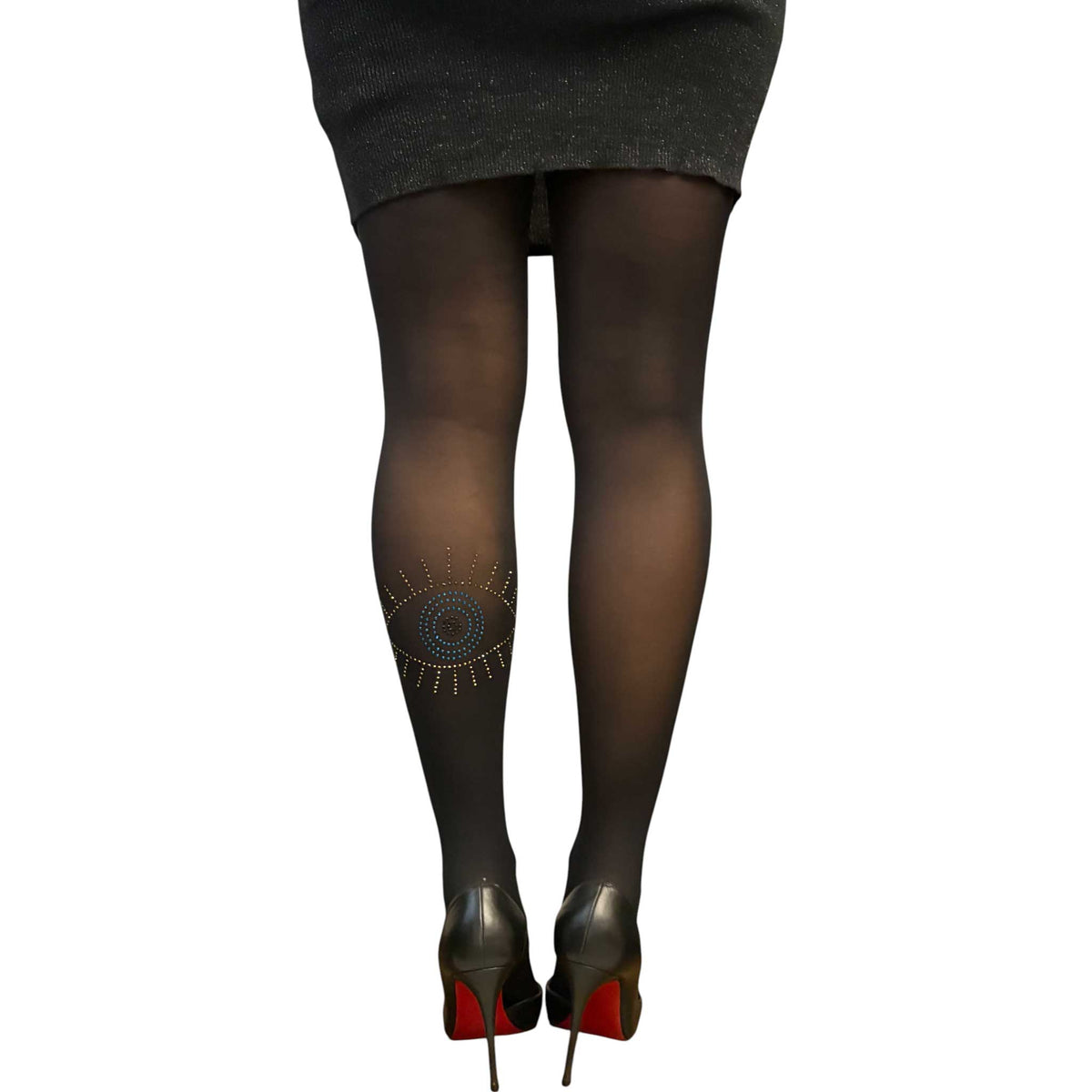 Malka Chic black tights with gold rhinestone evil eye embellishment and turquoise center accents.