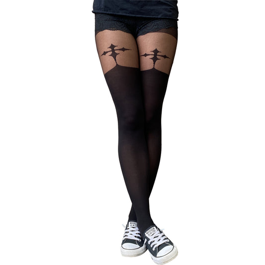 Black cross pattern illusion thigh-high tights – opaque and sheer design