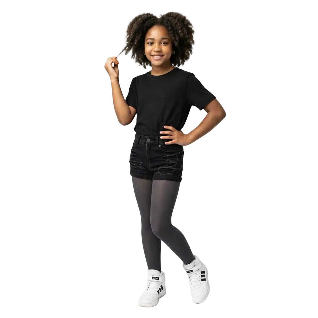 Girl wearing gray opaque tights – soft and comfortable everyday tights for kids