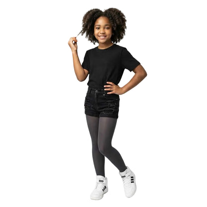 Girl wearing gray opaque tights – soft and comfortable everyday tights for kids