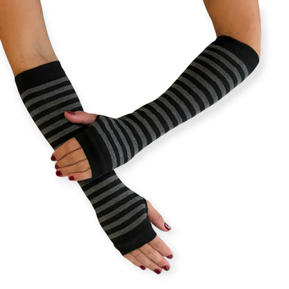 Long gray and black striped arm warmers for women by Malka Chic with fingerless glove design.