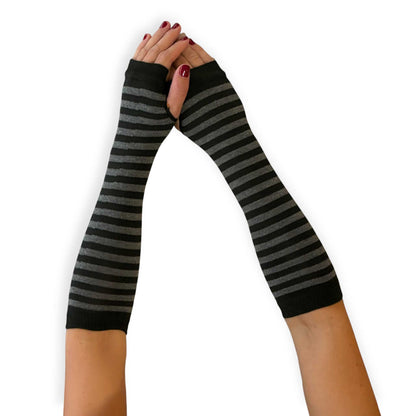 Women’s striped fingerless gloves by Malka Chic featuring alternating gray and black horizontal bands.