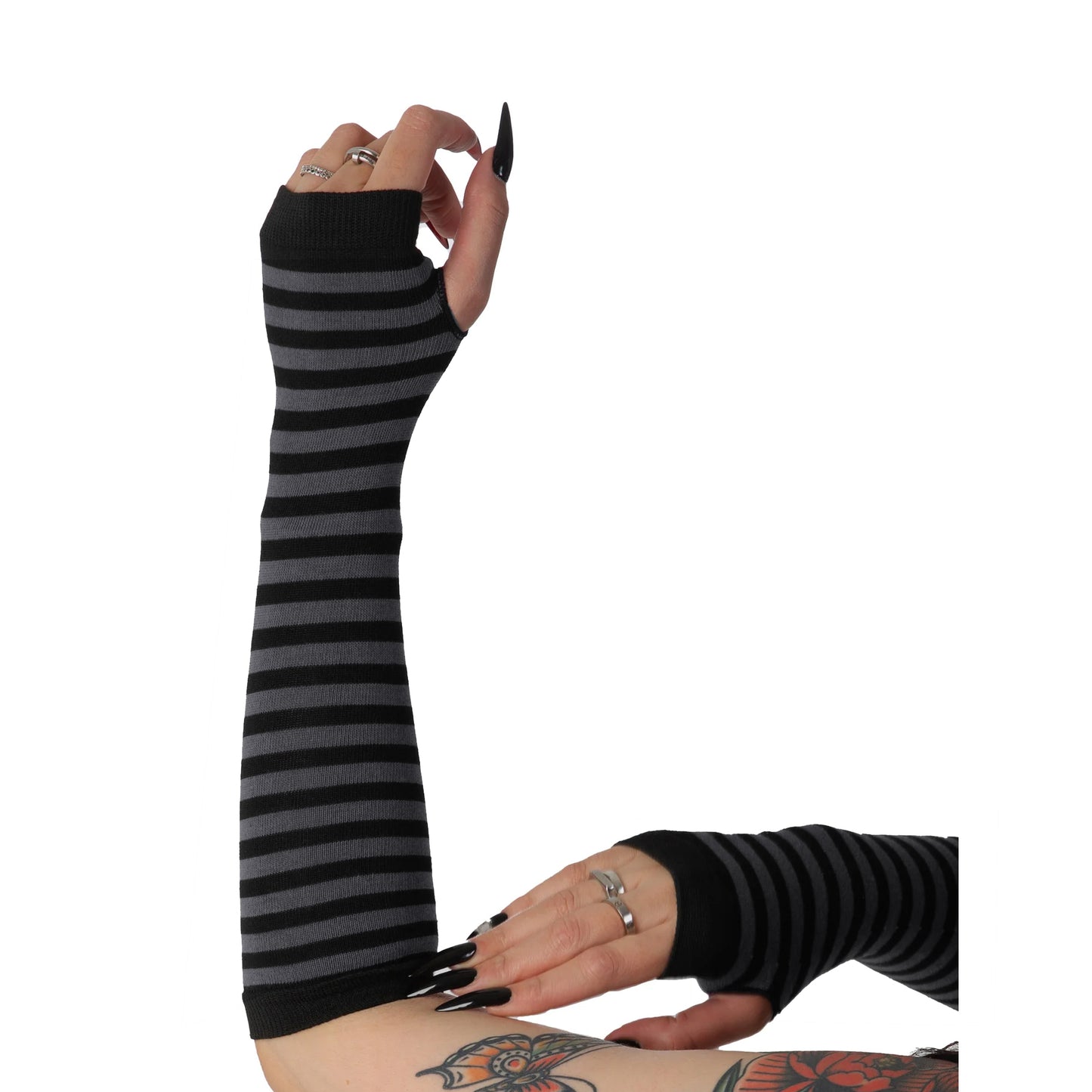 Gray and black striped fingerless gloves for women with long knit arm warmer design.